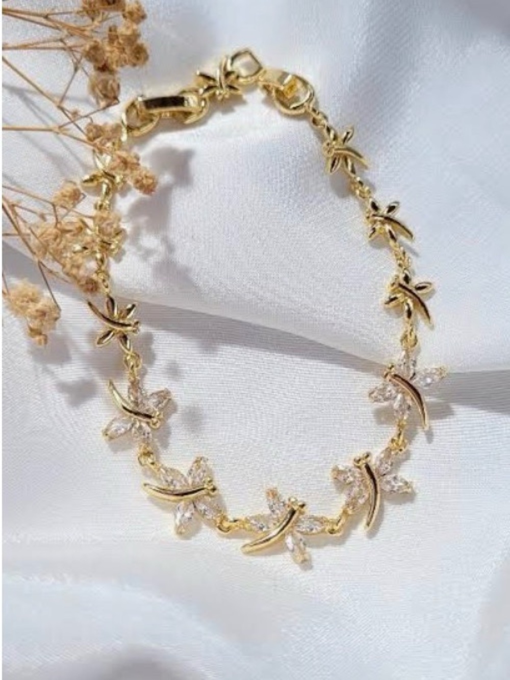 New Gold Plated Dragon Fly Floral Crystal Link Bracelet